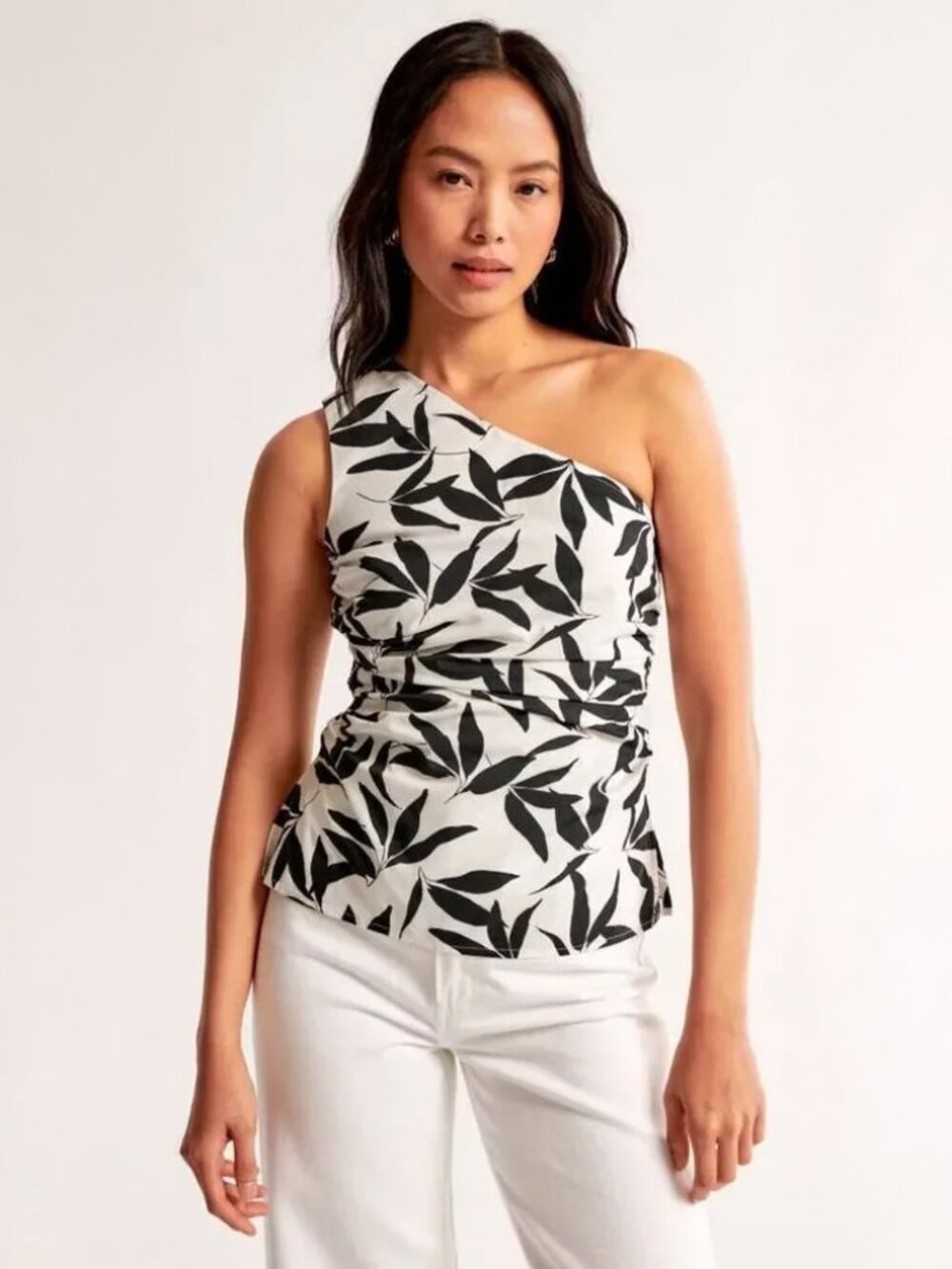 Abercrombie & Fitch Black White Floral Asymmetrical One Shoulder Poplin Tank Top